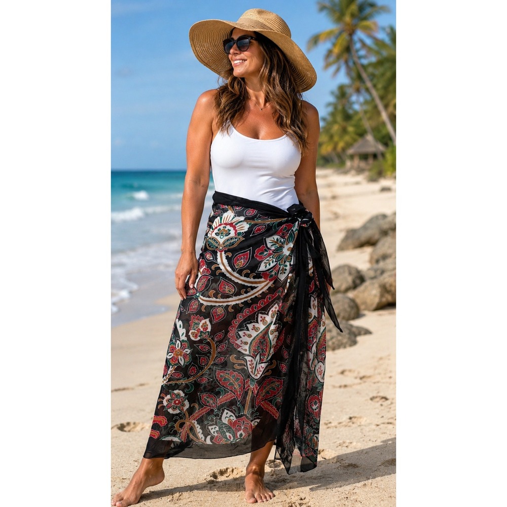 Floral Paisley Beach Cover Up Maxi Skirt Mesh Tie Waist Multicolor Resort XL